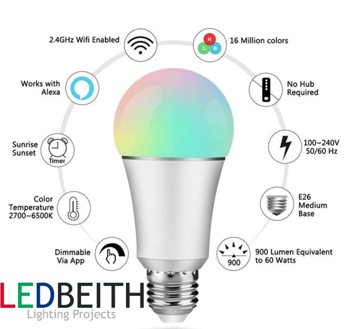 FOCO LED RGBW Inteligente WiFi, compatible con Alexa Google Home IFTTT, E27 7W, 500 LM