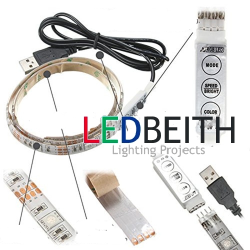 KIT Light Bar TV Back Lighting Kit+USB Remote Control 5V 5050 60SMD/M RGB LED Strip