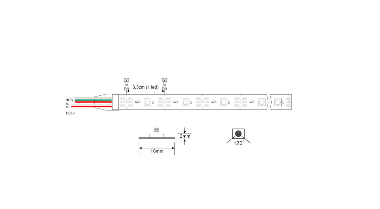 Tira LED IC Digital 2812B, RGBX, DC12/24V, 5m, (30 Led/m)