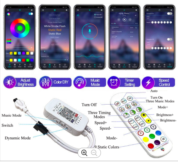 KIT tira LED SMD5050 RGB, 5m (30 Led/m), RGBIC - IP65 -Control que reacciona a la música y APLICACIÓN Dreamcolor con Bluetooth  y WIFI inteligente -Adaptador 3A