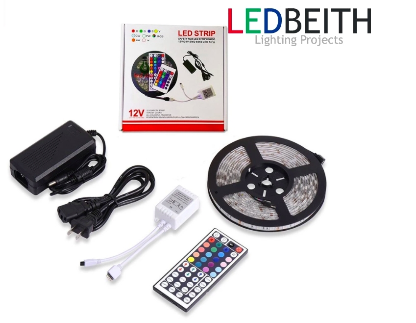 KIT RGB Tira de led de 5m con controlador 44 opciones IR mas fuente de alimentación de 12V 5A.